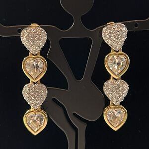 Swarovski Crystal Heart Pavé Dangle Drop Earrings Gold Lever Back Clip 2"
